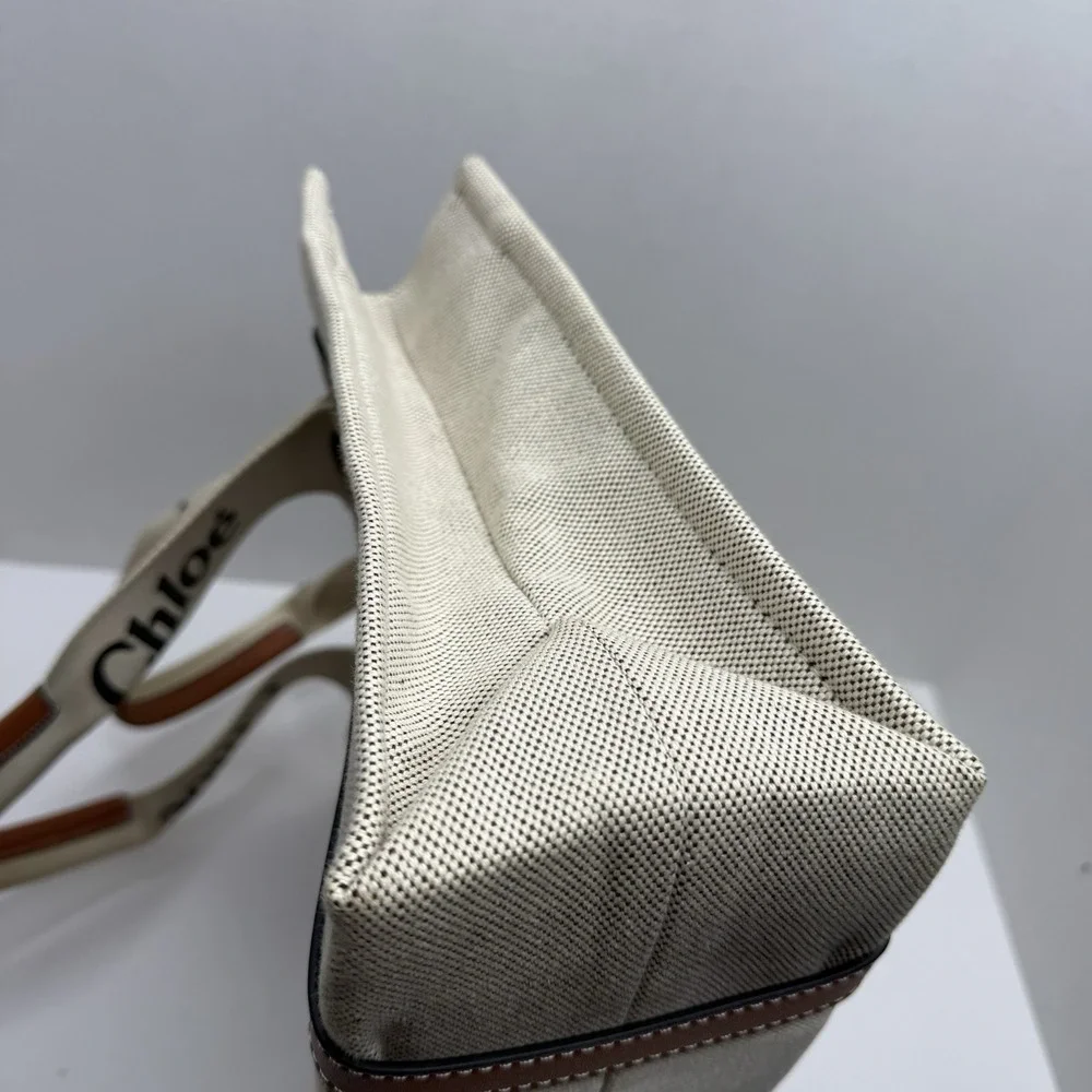 Chloé Woody Medium Tote Beige Canvas Brown Leather Logo Tote Bag Italy